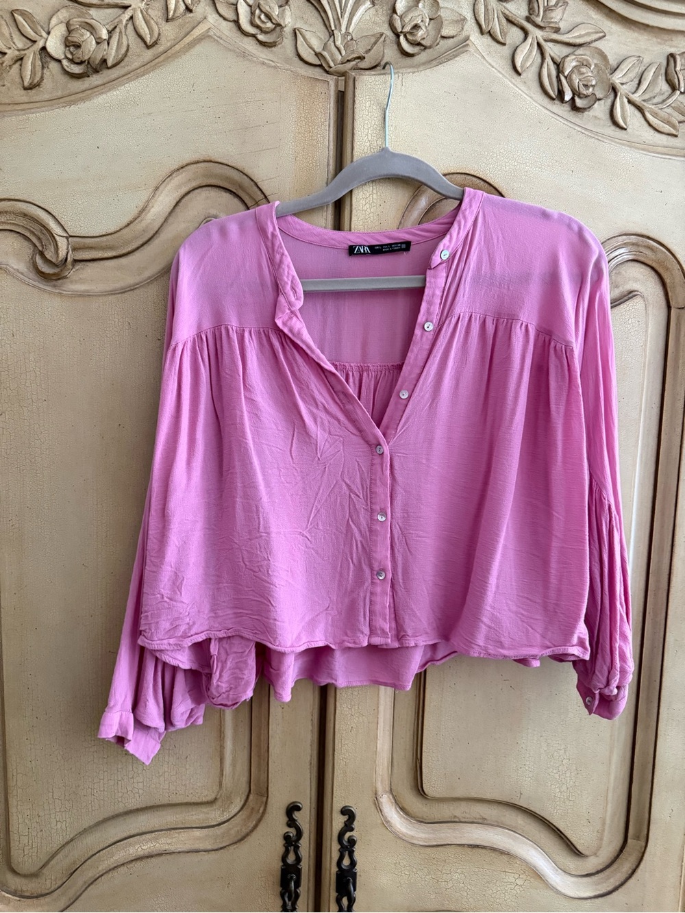 Zara Pink Flowy Button-Front Peasant Blouse